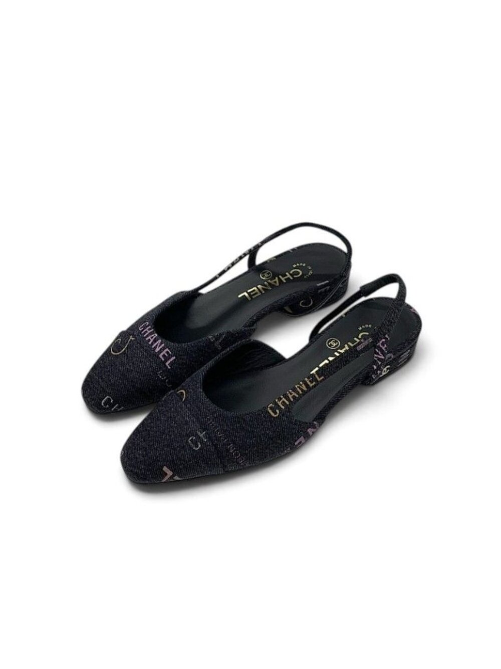 Chanel Pumps Shoes Denim Dark Gray Gold CC Logo Slingback Flat